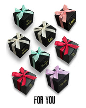 Load image into Gallery viewer, Sleek black ribbon favor box with optional gold foil logo. Perfect for weddings, events, birthdays, and bridal showers. Custom candy box for guest gifts.