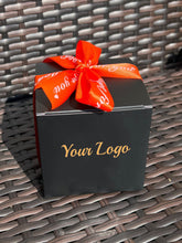 Load image into Gallery viewer, Custom Black Candy Favor Boxes – 4x4x4" Gift Box with Ribbon for Weddings, Parties & Events