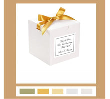 Load image into Gallery viewer, Personalized Wedding Favor Gift Boxes with Ribbon – Custom Candy Boxes for Bridal Shower, Birthday & Party Guests (4x4x4in, Paper + Ribbon)