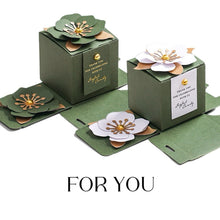 Load image into Gallery viewer, Personalized Green Wedding Favor Box – Elegant 3D Flower Candy Gift Box, Square Design for Anniversary & Event Favors