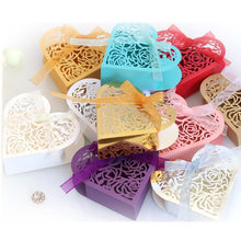 Load image into Gallery viewer, 50pcs Love Heart Laser Cut Hollow Carriage Favors Gifts Flower Candy Dragee Boxes with Ribbon Baby Shower Wedding Party Supplies