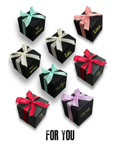 Sleek black ribbon favor box with optional gold foil logo. Perfect for weddings, events, birthdays, and bridal showers. Custom candy box for guest gifts.
