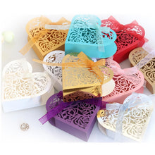 Load image into Gallery viewer, 50pcs Love Heart Laser Cut Hollow Carriage Favors Gifts Flower Candy Dragee Boxes with Ribbon Baby Shower Wedding Party Supplies
