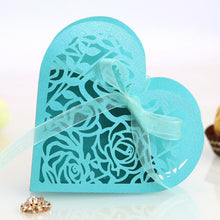 Load image into Gallery viewer, 50pcs Love Heart Laser Cut Hollow Carriage Favors Gifts Flower Candy Dragee Boxes with Ribbon Baby Shower Wedding Party Supplies
